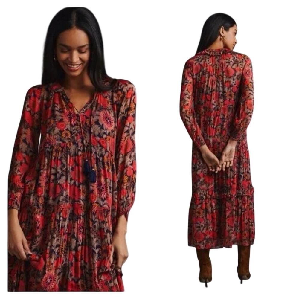 Anthropologie The Marais Printed Chiffon Maxi Dress XS Red Orange Blue